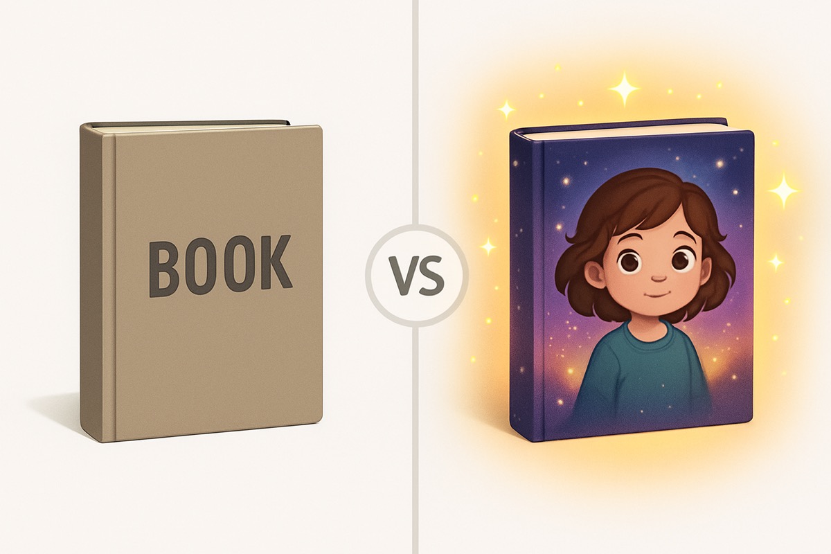 Comparaison visuelle : livre personnalisé classique (générique) vs livre IA Contedia (unique et vibrant)