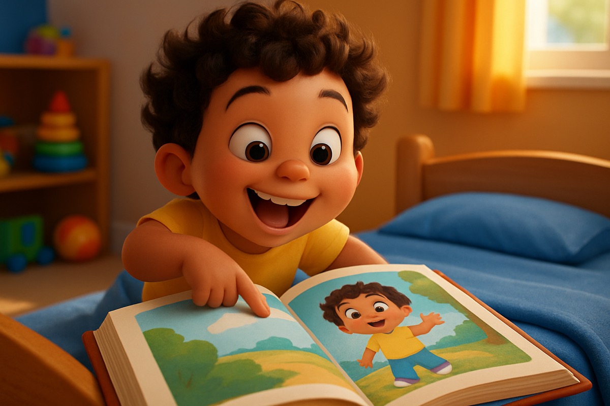 Enfant de 4 ans qui pointe son personnage avec excitation dans un livre personnalisé illustré