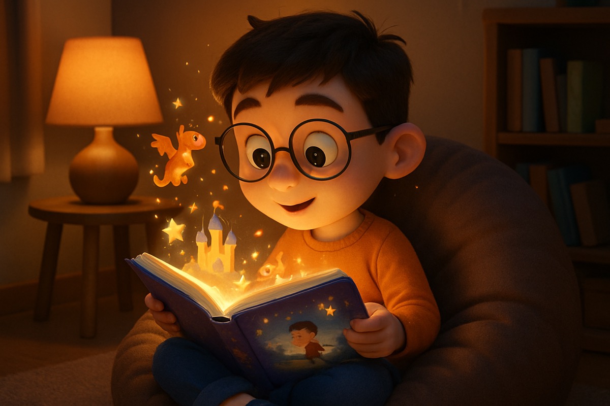 Enfant de 7 ans lisant seul un livre personnalisé d'aventure avec des éléments magiques